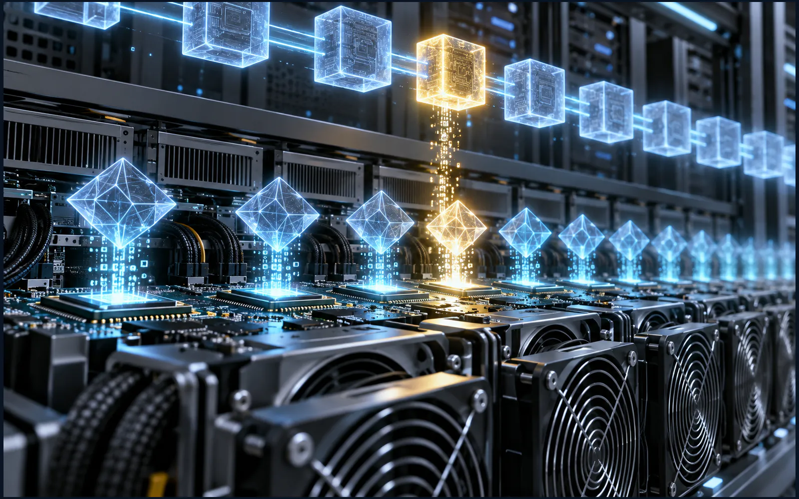 比特币挖矿工作量证明的科技主题配图
